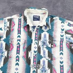 Vtg Wrangler Brushpopper Pearl Snap Shirt Mens 17 Southwestern Aztec Bold Ranch