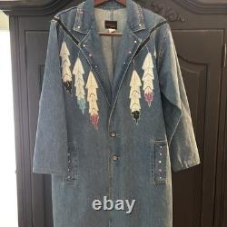 Vtg painted Denim Trench Coat Southwest Western Feather Indian Maid Long