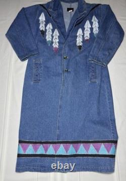 Vtg painted Denim Trench Coat Southwest Western Feather Indian Maid Long
