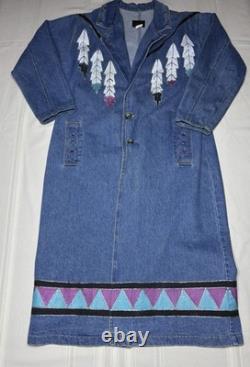 Vtg painted Denim Trench Coat Southwest Western Feather Indian Maid Long