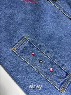 Vtg painted Denim Trench Coat Southwest Western Feather Indian Maid Long