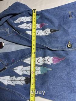 Vtg painted Denim Trench Coat Southwest Western Feather Indian Maid Long