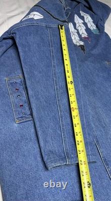 Vtg painted Denim Trench Coat Southwest Western Feather Indian Maid Long