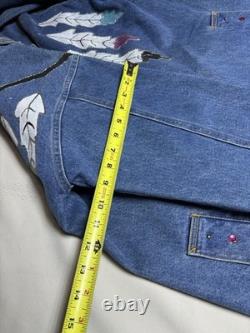 Vtg painted Denim Trench Coat Southwest Western Feather Indian Maid Long