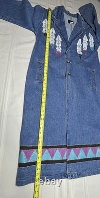 Vtg painted Denim Trench Coat Southwest Western Feather Indian Maid Long