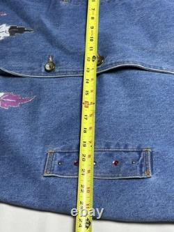Vtg painted Denim Trench Coat Southwest Western Feather Indian Maid Long