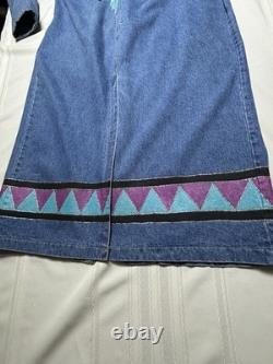 Vtg painted Denim Trench Coat Southwest Western Feather Indian Maid Long