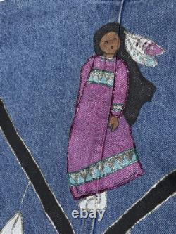Vtg painted Denim Trench Coat Southwest Western Feather Indian Maid Long