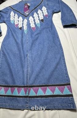 Vtg painted Denim Trench Coat Southwest Western Feather Indian Maid Long