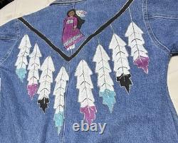 Vtg painted Denim Trench Coat Southwest Western Feather Indian Maid Long