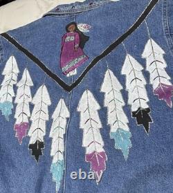Vtg painted Denim Trench Coat Southwest Western Feather Indian Maid Long