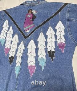 Vtg painted Denim Trench Coat Southwest Western Feather Indian Maid Long