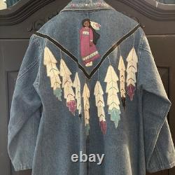 Vtg painted Denim Trench Coat Southwest Western Feather Indian Maid Long