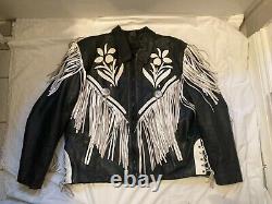 Vtg western fringed cowboy black/white leather jacket X Large