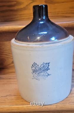 WESTERN STONEWARE WHISKEY JUG Maple Leaf Logo Tan Brown Crock 1 Gallon Antique