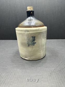 WESTERN STONEWARE WHISKEY JUG Maple Leaf Logo Tan Brown Crock 1 Gallon Antique