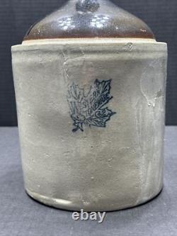 WESTERN STONEWARE WHISKEY JUG Maple Leaf Logo Tan Brown Crock 1 Gallon Antique