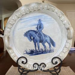Western Art Large Tray With Hand Painted Cowboy Cow Creek Pottery 16 W Unique