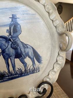 Western Art Large Tray With Hand Painted Cowboy Cow Creek Pottery 16 W Unique