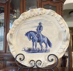 Western Art Large Tray With Hand Painted Cowboy Cow Creek Pottery 16 W Unique