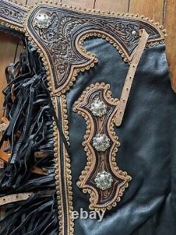 Western Chinks Chaps Antiqued Tooled Yoke Smooth Black Leather Medium