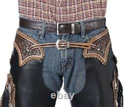 Western Chinks Chaps Floral Antiqued Tooled Yoke Smooth Black Leather M, L