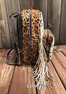 Western Genuine Cowhide Leather Backpack Travel School Rodeo Bag Leopard Fringe