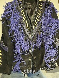 Western Style Women's Leather Jacket. Size L. Bones And Bead With Leather Fring