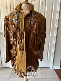 Western Style vintage Erez Levy brown camel leather fringe jacket Beading Large