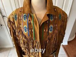 Western Style vintage Erez Levy brown camel leather fringe jacket Beading Large