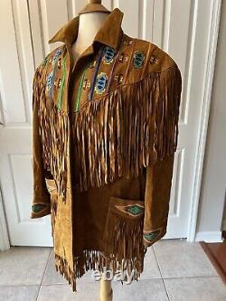 Western Style vintage Erez Levy brown camel leather fringe jacket Beading Large