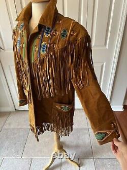 Western Style vintage Erez Levy brown camel leather fringe jacket Beading Large