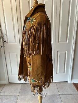 Western Style vintage Erez Levy brown camel leather fringe jacket Beading Large