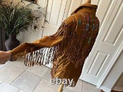 Western Style vintage Erez Levy brown camel leather fringe jacket Beading Large