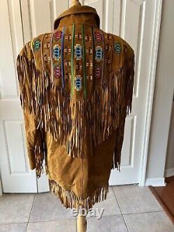 Western Style vintage Erez Levy brown camel leather fringe jacket Beading Large