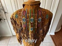 Western Style vintage Erez Levy brown camel leather fringe jacket Beading Large