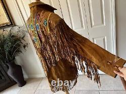 Western Style vintage Erez Levy brown camel leather fringe jacket Beading Large