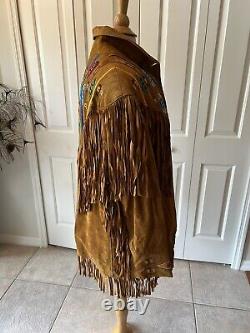 Western Style vintage Erez Levy brown camel leather fringe jacket Beading Large