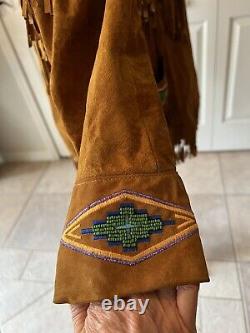 Western Style vintage Erez Levy brown camel leather fringe jacket Beading Large