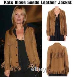 Womens Genuine Lambskin Vintage Brown Fringed Suede Leather Jacket Western Coat