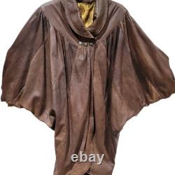 Womens Vera Pelle Italy Leather Brown Cape Coat Size Large Batwing Sleeves