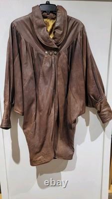 Womens Vera Pelle Italy Leather Brown Cape Coat Size Large Batwing Sleeves