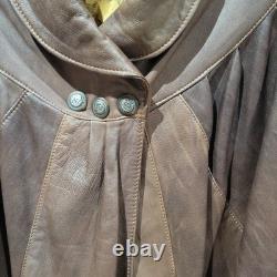 Womens Vera Pelle Italy Leather Brown Cape Coat Size Large Batwing Sleeves