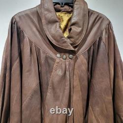 Womens Vera Pelle Italy Leather Brown Cape Coat Size Large Batwing Sleeves