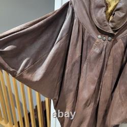 Womens Vera Pelle Italy Leather Brown Cape Coat Size Large Batwing Sleeves