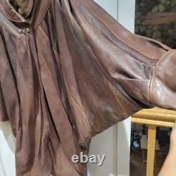 Womens Vera Pelle Italy Leather Brown Cape Coat Size Large Batwing Sleeves