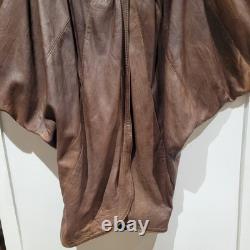Womens Vera Pelle Italy Leather Brown Cape Coat Size Large Batwing Sleeves