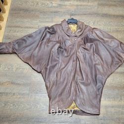 Womens Vera Pelle Italy Leather Brown Cape Coat Size Large Batwing Sleeves