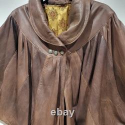 Womens Vera Pelle Italy Leather Brown Cape Coat Size Large Batwing Sleeves