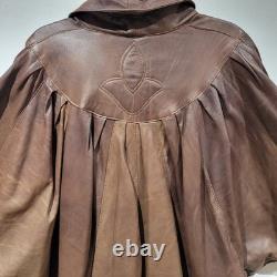 Womens Vera Pelle Italy Leather Brown Cape Coat Size Large Batwing Sleeves
